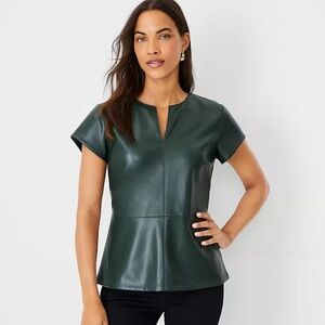 Faux Leather Seamed Split Neck Peplum Top